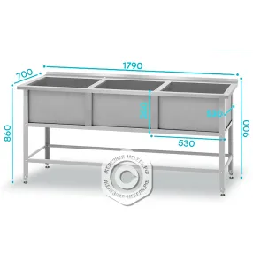 ванна моечная вмсн 630/3 «norma ral», 3 м/о 530х530х350 (полка с 2-мя отв., борт; ножка угл.)
